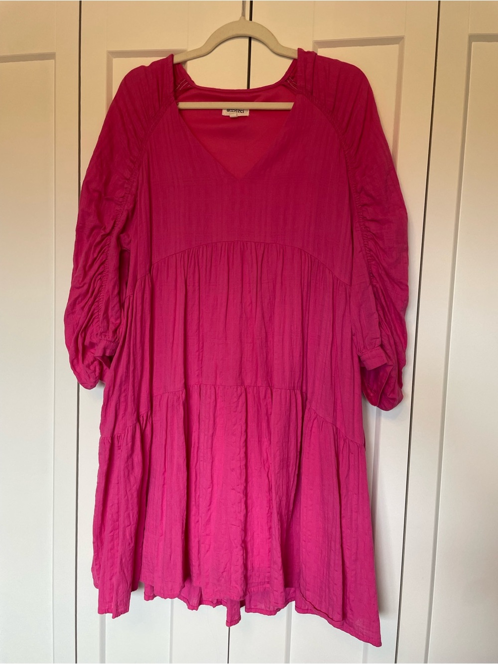 Tiered V-Neck Cotton Baby Doll Dress in Hot Pink